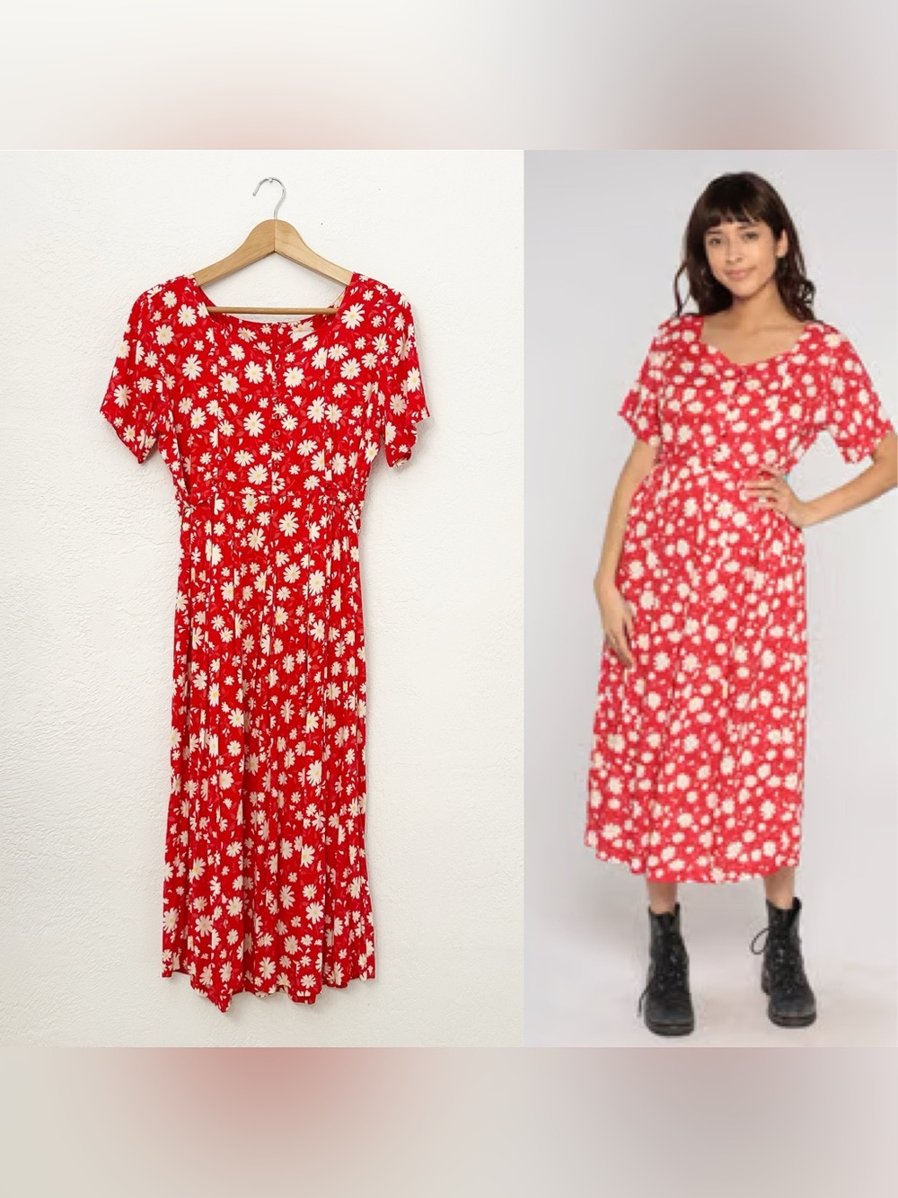 Vintage 90s Y2K Erika Collection Red Floral Daisy Print Midi Dress